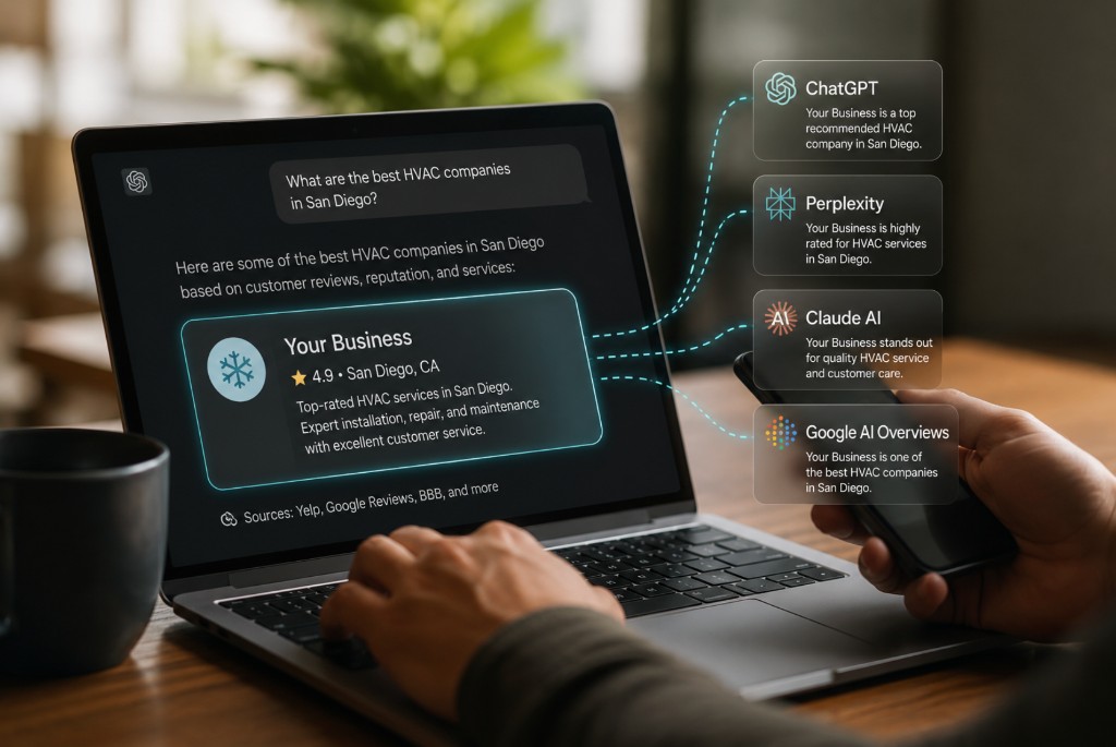 Your business recommended in ChatGPT, Perplexity, Claude, and Google AI search results